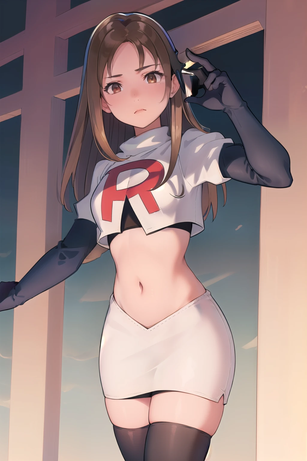 masterpiece, best quality, mathilda, brown eyes,helmet,  looking at viewer, team rocket,team rocket uniform,white skirt,red letter R,crop top,black thigh-highs,black elbow gloves