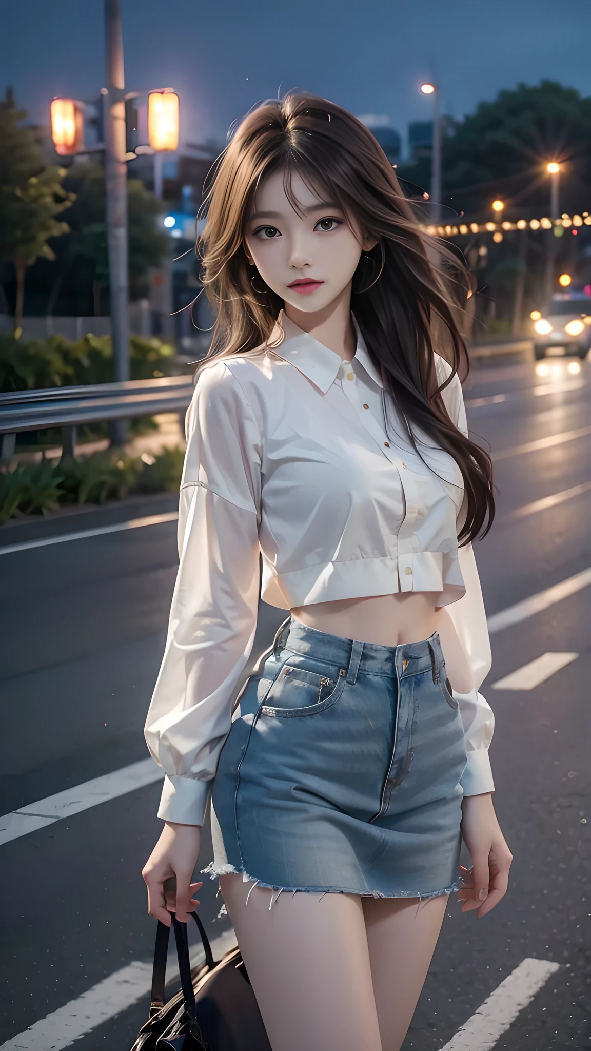 ulzzang-6500-v1.1, (RAW photo: 1.2), (Real photo), (Real photo: 1.4), 1 girl、Perfect anatomy、19 years old、Looking at the camera、Medium length hair, On the highway, the road is empty, the sky is at dusk and the moon and stars have begun to appear, ((on the highway: 1.1)), (clothes: 1.2), (Business service)、Asian eyes Ella,