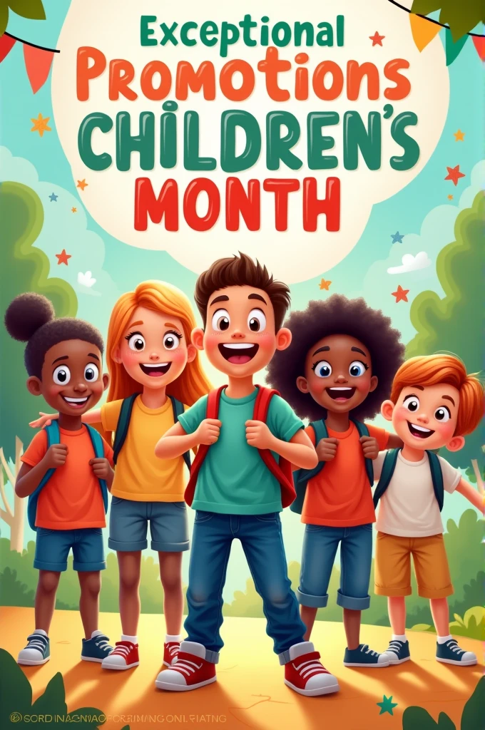 Create an advertising poster with a photo of children that has the text incredible promotions for children's month
