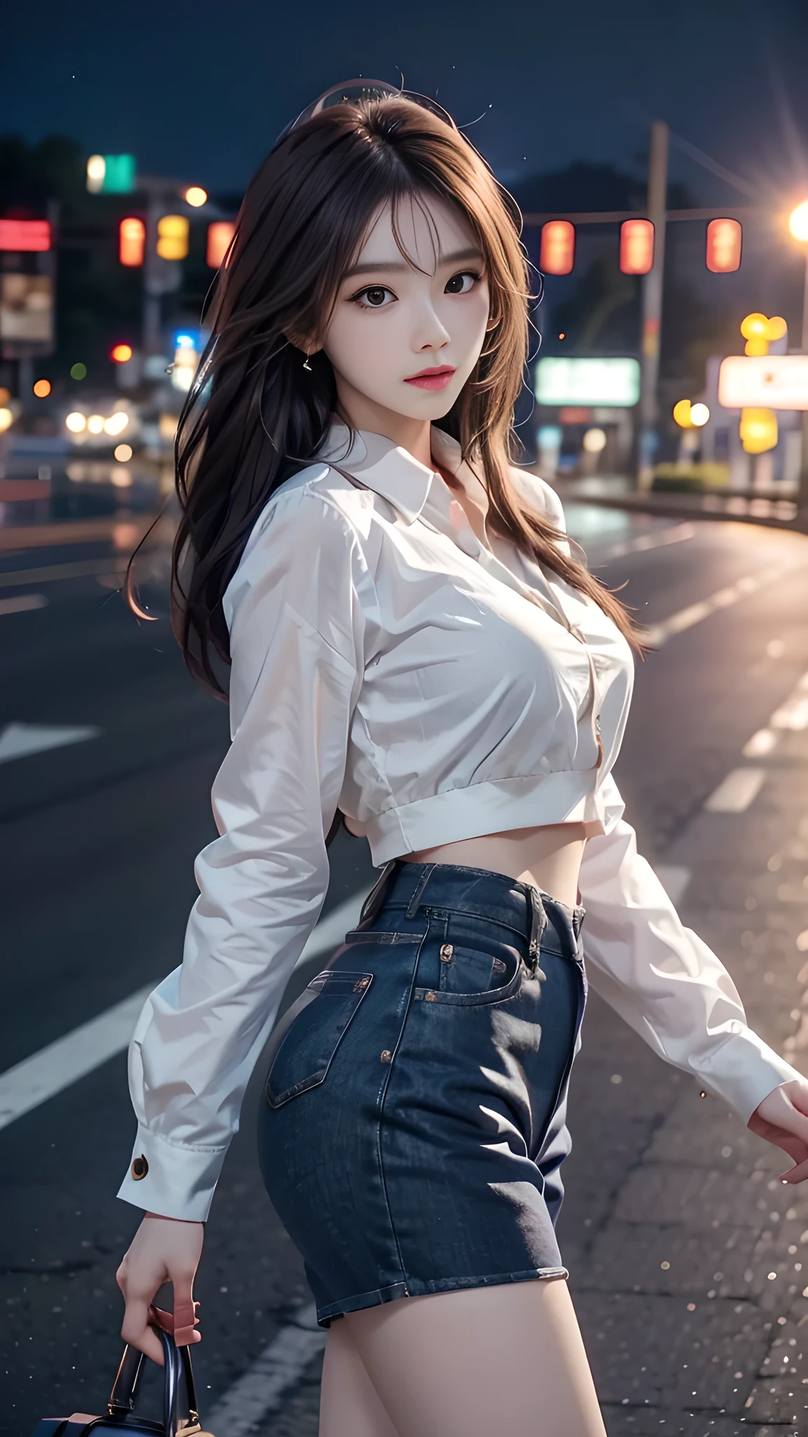 ulzzang-6500-v1.1, (RAW photo: 1.2), (Real photo), (Real photo: 1.4), 1 girl、Perfect anatomy、19 years old、Looking at the camera、Medium length hair, On the highway, the road is empty, the sky is at dusk and the moon and stars have begun to appear, ((on the highway: 1.1)), (clothes: 1.2), (Business service)、Asian eyes Ella,