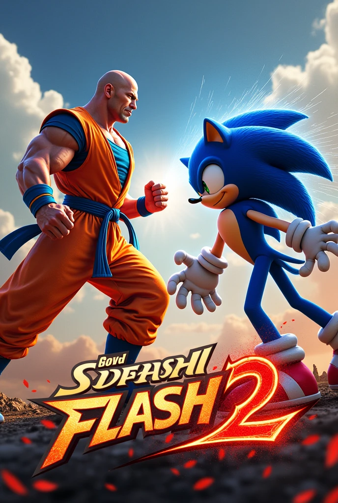 Create a movie poster with the rock wearing goku clothes beating jason mamoa who is wearing sonic clothes and a big title written (super smash flash 2)