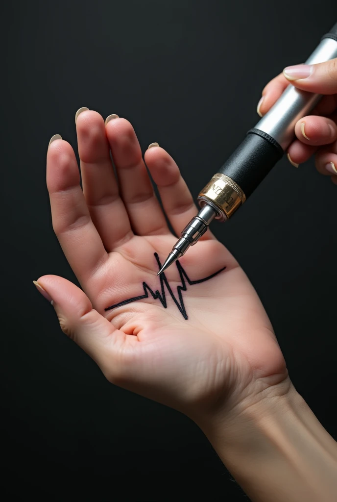 Image of a cardiogram logo on the hand with a tattoo machine in the hand

