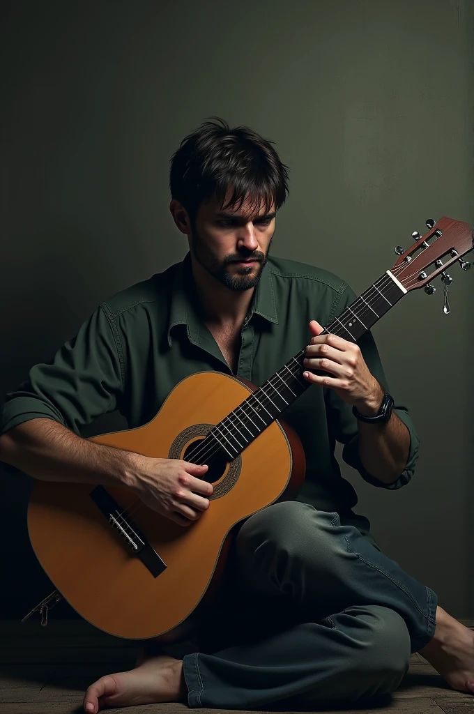 A man sits with a guitar and cries, and a drop of tears falls on the strings of the guitar