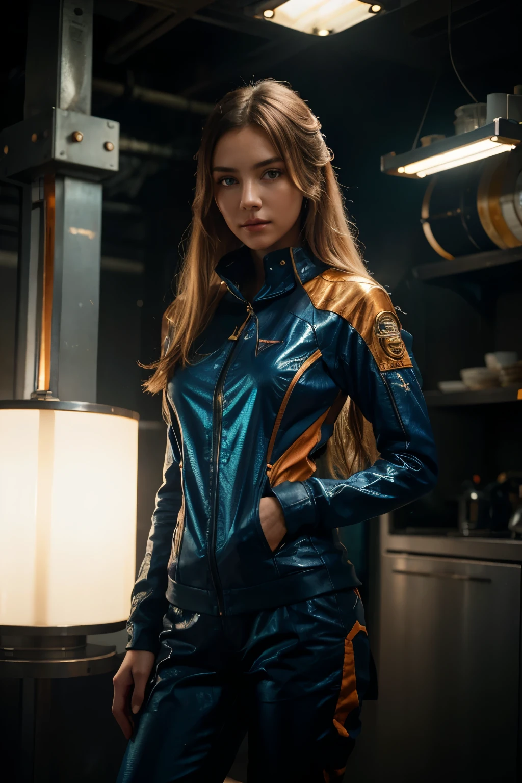 woman 25 years beautiful astronaut 1950 , deep blue eyes, clothes in orange color details in metallic white, cinematic, photo shoot, half backlight, backlight, dramatic lighting , Incandescent, Soft lighting, insanely detailed and intricate, hyper maximalist, arte no estilo de guweiz, elegant pose, dynamic, photography, volumetric , ultra detailed, intricate detail, super detailed obra-prima de guweiz, futuristic environment