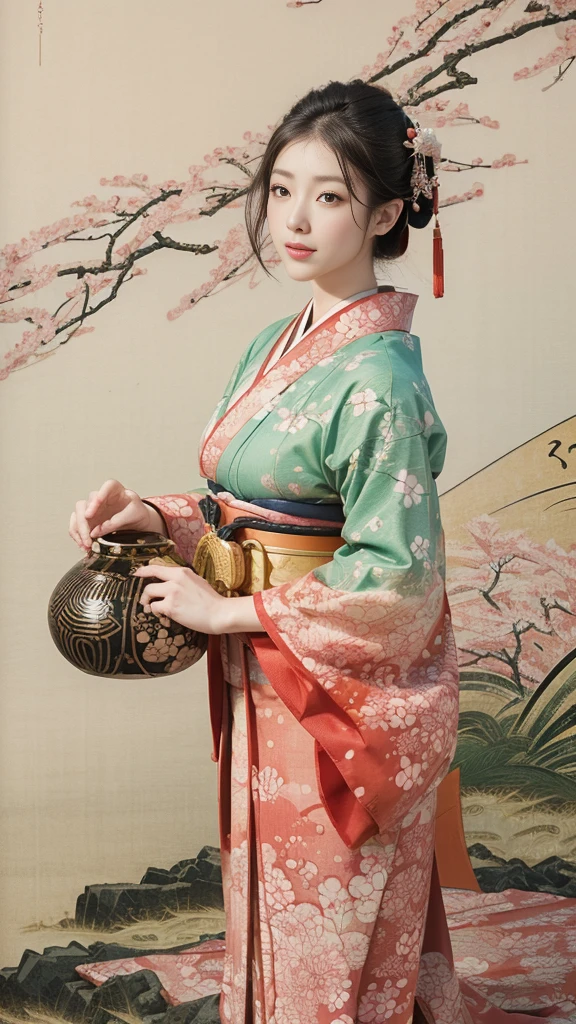 (background:Cherry blossoms on the mountain are covered with mist)((Ukiyo-e))japanese art,or period,tokyo art, lily,Natural landscape.(masseter membrane、top quality、Ukiyo-e style、mystery、Exquisite and beautiful、official art、Sharaku:1.2)、(1 japanese girl in:1.3)、(fractal art:1.3)、cowboy shooting、White skin、(beautiful brunette、kimono:1.2)、With Japanese traditional performing arts as the background、colorful、(reel、Belongs to Japanese style:1.2)、
