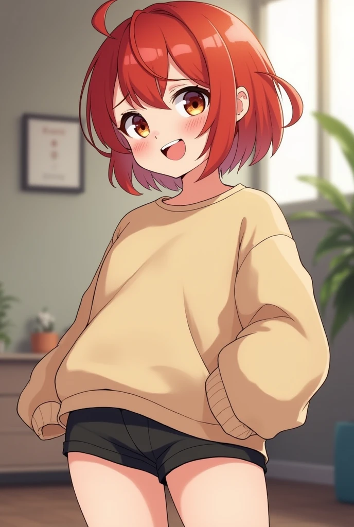 A red-haired male femboy, with a mischievous face, with brown eyes, with a point on the side of his mouth, front teeth more bigger in a beige sweatshirt, short and tight shorts, big fat ass, wide hips, thick thighs, chubby body, cute, short. (WITHOUT BOOBS)