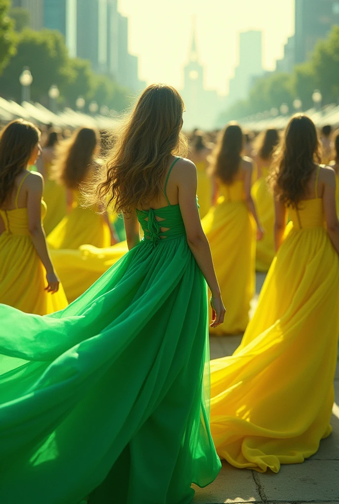 You make me 100k people carrying a green and yellow dress