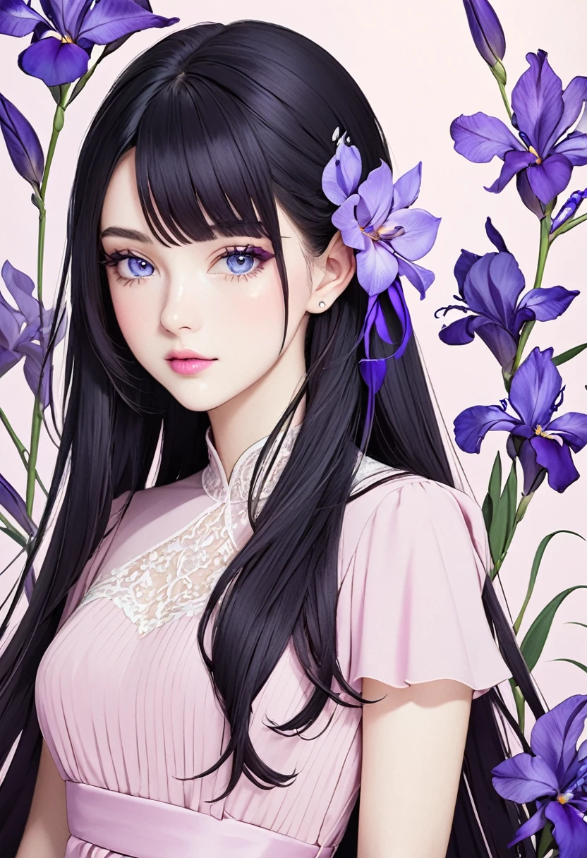 Beautiful 23 year old woman with long black hair, side-swept bangs, blue eyes, light pink lips, fair skin. Elegant but modest light pink dress. Purple iris flower background
