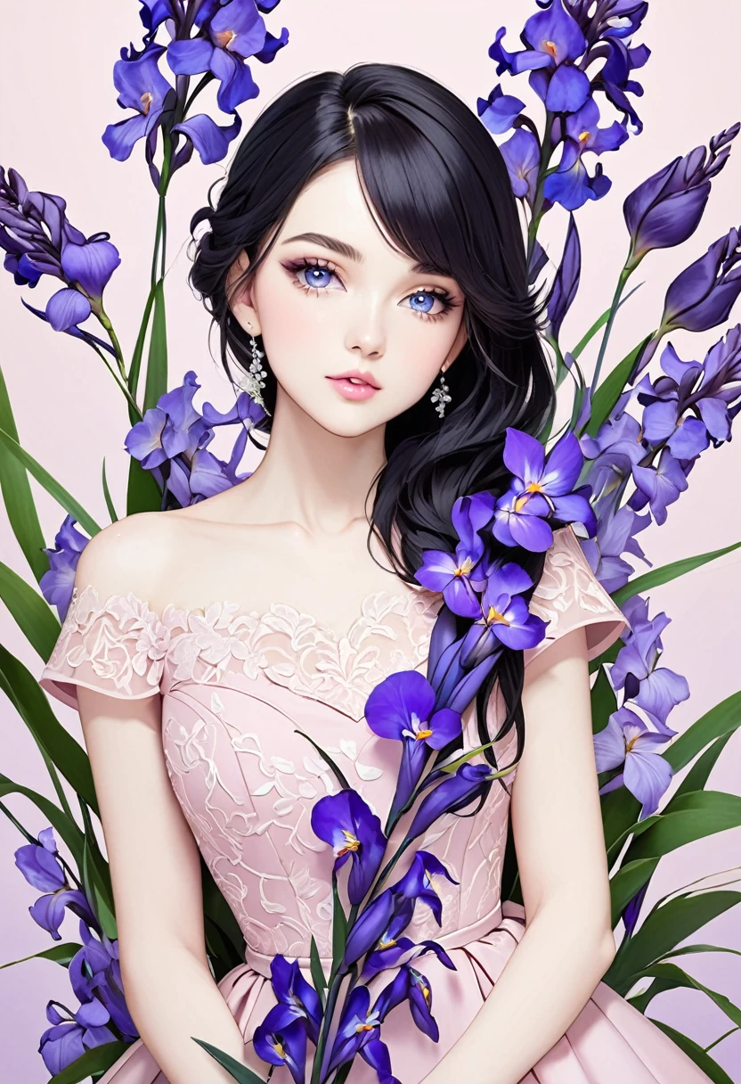 Beautiful 23 year old woman with long black hair, side-swept bangs, blue eyes, light pink lips, fair skin. Elegant but modest light pink dress. Purple iris flower background