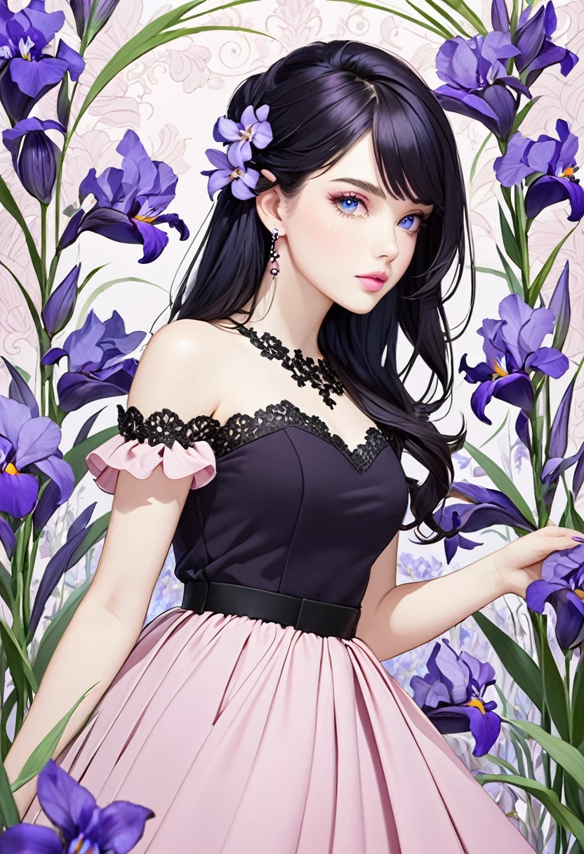 Beautiful 23 year old woman with long black hair, side-swept bangs, blue eyes, light pink lips, fair skin. Elegant but modest light pink dress. Purple iris flower background