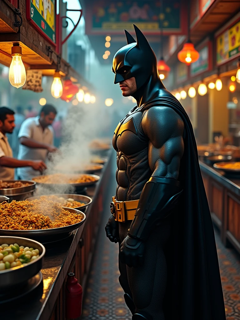 batman visits a koththu shop in sri lanka,hyper-realistic