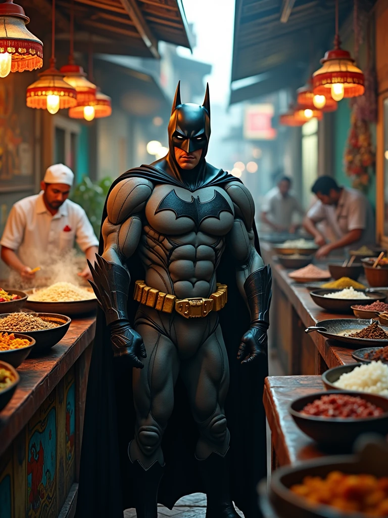 batman visits a koththu shop in sri lanka,hyper-realistic