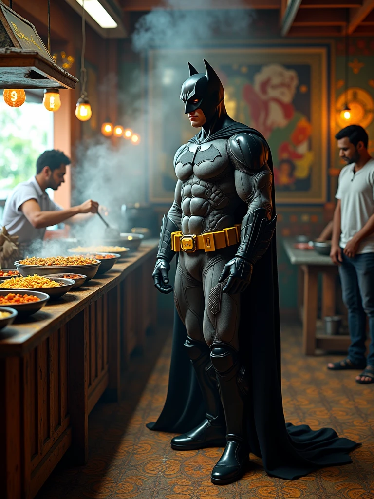 batman visits a koththu shop in sri lanka,hyper-realistic