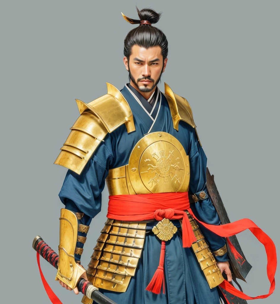 Need to create art for MMORPG, centered on a Japanese setting. digital painting, adult man, Samurai. Asian, samurai armor, golden armor, japanese samurai clothing,