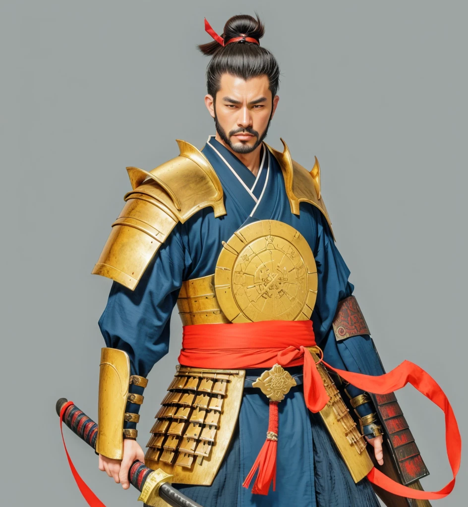 Need to create art for MMORPG, centered on a Japanese setting. digital painting, adult man, Samurai. Asian, samurai armor, golden armor, japanese samurai clothing, 
