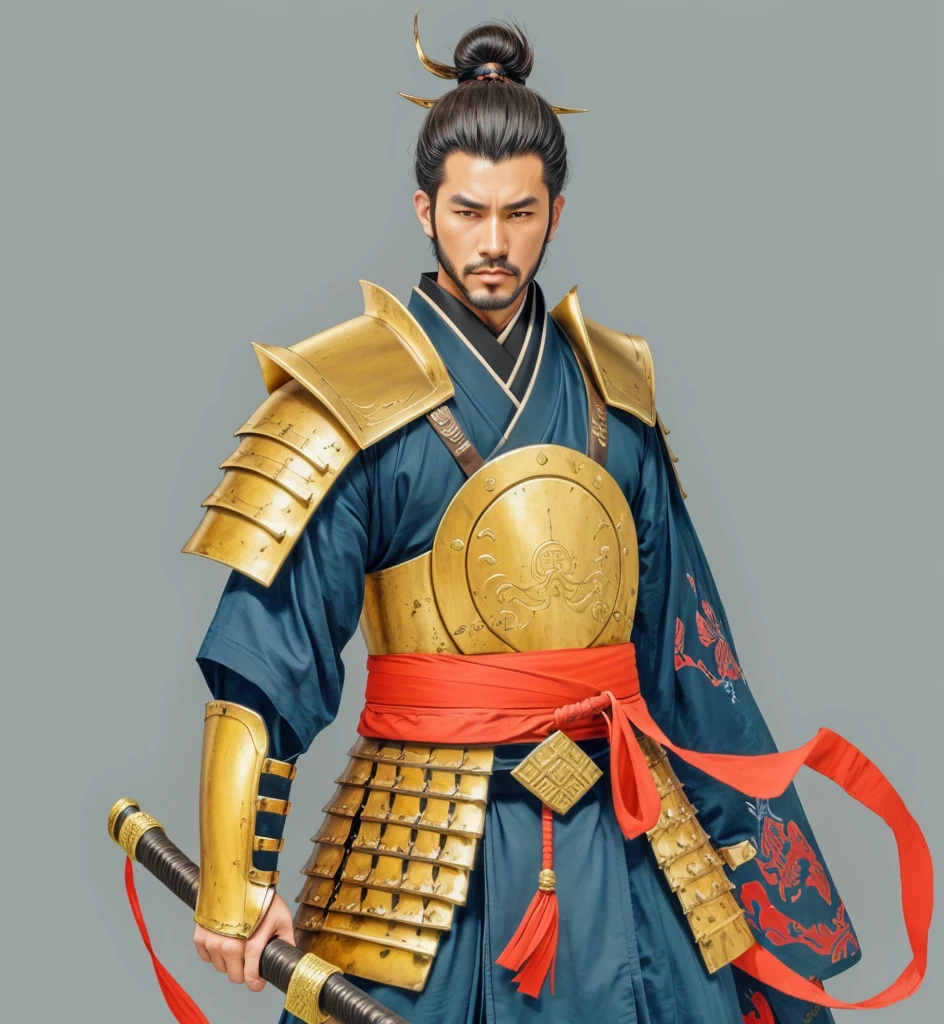 Need to create art for MMORPG, centered on a Japanese setting. digital painting, adult man, Samurai. Asian, samurai armor, golden armor, japanese samurai clothing,