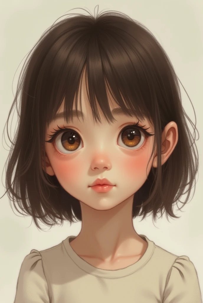  of brown straight hair, Bangs, big brown eyes, pale skin, slim, pale skin, ???, child