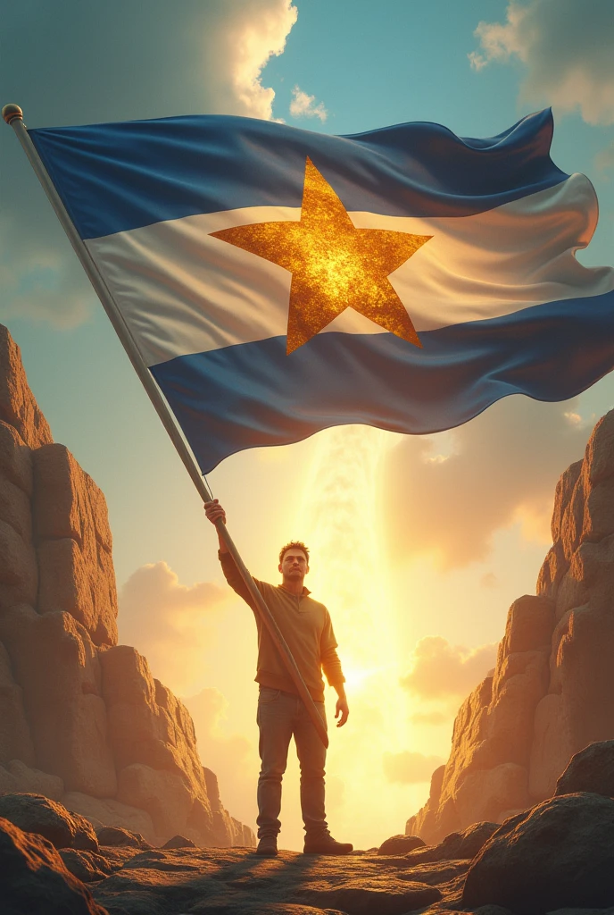 A man with a large white flag with blue stripes and a large star and he waved it. Then the sky opened in two parts and a golden rock came out and the man who had the flag said: This flag will have peace just like you. Don't be sad and you will be happy.