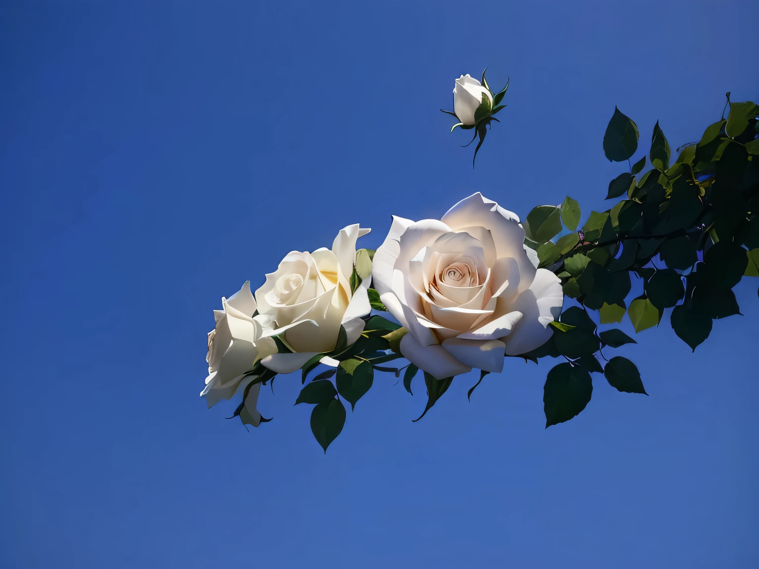 there are two white roses that are hanging from a tree, petals falling, rose twining, rose, white roses, growing out of a giant rose, seen from below, rose petals flying in the wind, exploding roses, 3/4 view from below, photo of a rose, natural point rose', huge blossoms, rosen maiden, falling petals, up shot