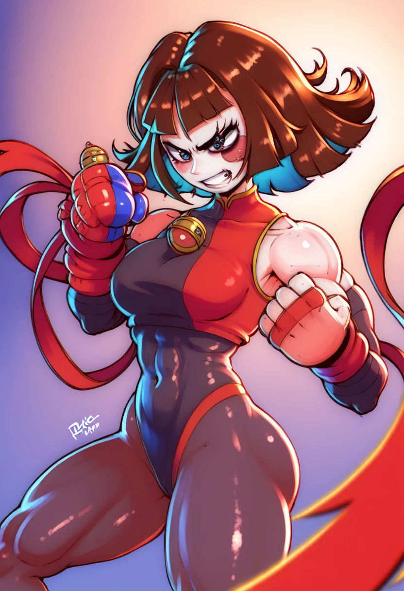 a fierce determined Pomni girl fighter,cute,Digital Circus, KOF vibes, 90’s style, athletic body,sastified smirk , striking cool dynamic pose, cool lighting,dynamic street art composition, cool atmosphere, rich vibrant colors, 8k best quality,FullHDR,highres,masterpiece