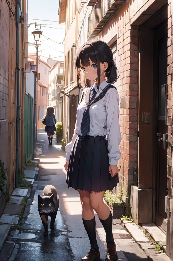 girl wearing school uniform with a grey cat next to her, alleyway, sunset
