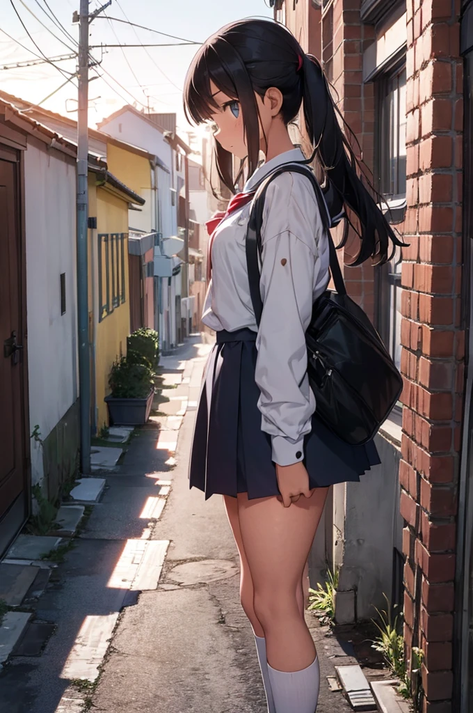 girl wearing school uniform with a grey cat next to her, alleyway, sunset