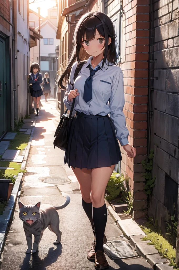 girl wearing school uniform with a grey cat next to her, alleyway, sunset