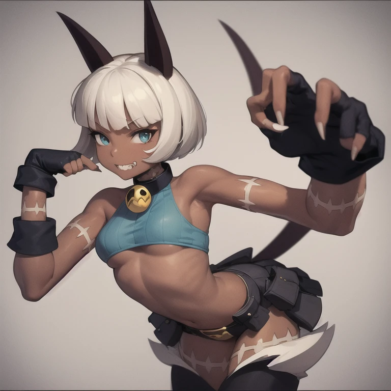 (masterpiece, best quality:1.2), solo, 1girl, sgmsfortune, dark skin, dark-skinned female, grin, looking at viewer, leaning forward, paw pose, bob cut, crop top, fingerless gloves, collar, bell, pouch, cat tail, midriff 