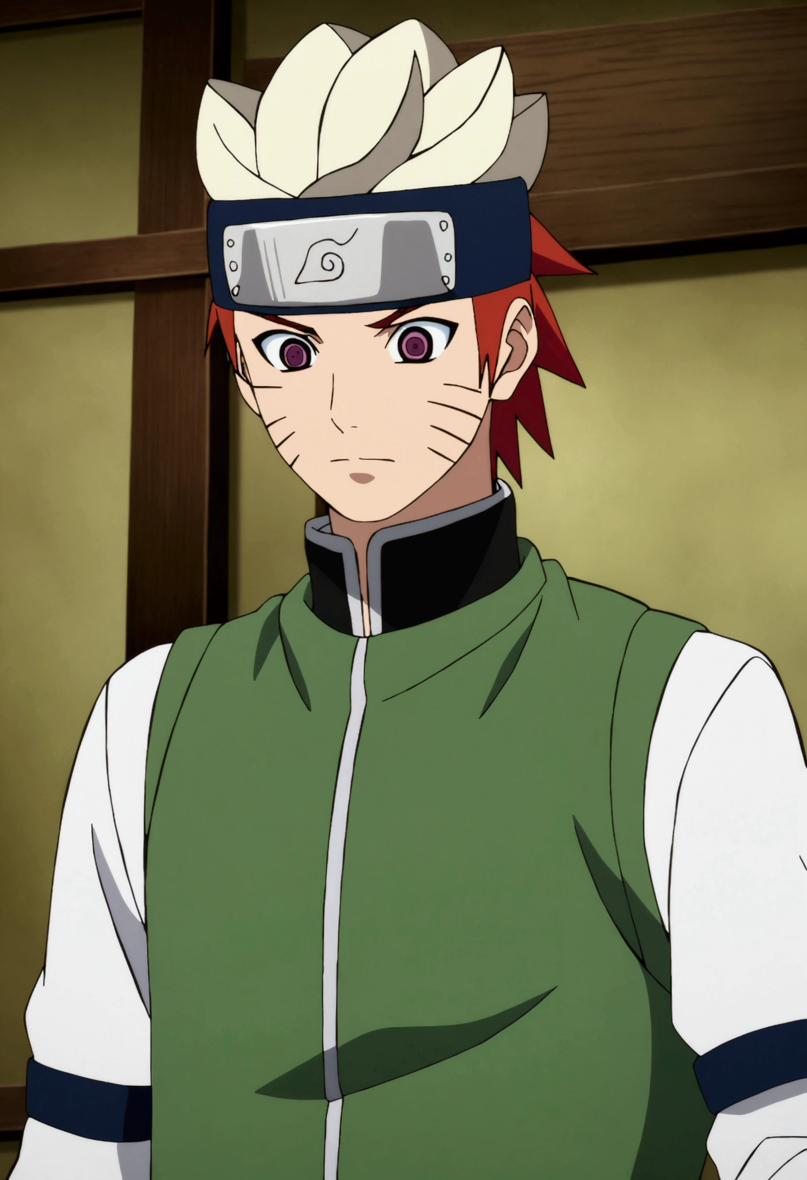 name is Yamato from anime Naruto,handsome face,almond shape eye ,same brown hair,There is a plate iron on his head, same outfit wear thick green vest,in naruto anime shippuden screencap 