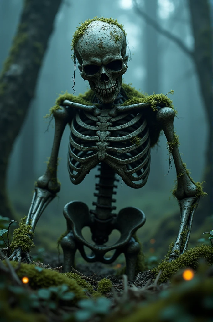 Skeleton covered in moss and dirt, in a Misty forest in the night
