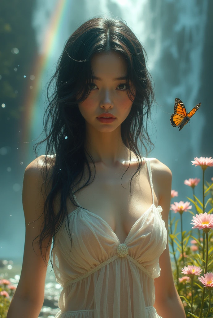(((Full body image of a woman))),(Model shooting style), (shy), 1 girl, Lonely, Shiny black hair、 Extremely rich facial detail, Beautiful Eyes, cute, Slightly red cheeks,bright, Lonely Eyes, Stunning beauty, (Butterfly Light), ARRI Lenses, Surreal, (Skin with attention to detail:1.2),4K,ARRI ALEXA LF,Promise, Dramatic Rim Light,Sparkle Effect, high quality,Very delicate and beautiful, wonderful, In detail, masterpiece, Very detailed, High resolution,Best Shot, (Best Shadow),Exquisite contrast,Complex,Sharp focus, high quality, 1 Japan woman, alone.cute,Fuka Koshiba,Yuki Sakurai,Magnificent waterfalls,(water droplets,rainbow),Mist-like droplets,Wet,Lens flare,No sleeve,Frills,Beautiful breasts,Swallowtail butterfly,A butterfly flutters,Cool eyes,Glossy Lips,An ennui smile,Glowing Skin,Transparent skin,From above,((Open your arms)),Waistline,Beautiful nipples,((No shirt, Very good, Naked underneath, Bare chest, Barely covering her nipples)),((Wet, Her clothes are transparent, Her body and skin sweat)),((View from the rear, From above見た図, Bare back)),Bloom, Flowers are blooming everywhere,Front blur,ARRI 35mm Lens flare,Sparkling Eyes,Vivid Rouge