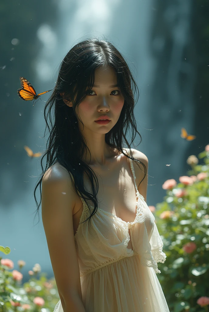 (((Full body image of a woman))),(Model shooting style), (shy), 1 girl, Lonely, Shiny black hair、 Extremely rich facial detail, Beautiful Eyes, cute, Slightly red cheeks,bright, Lonely Eyes, Stunning beauty, (Butterfly Light), ARRI Lenses, Surreal, (Skin with attention to detail:1.2),4K,ARRI ALEXA LF,Promise, Dramatic Rim Light,Sparkle Effect, high quality,Very delicate and beautiful, wonderful, In detail, masterpiece, Very detailed, High resolution,Best Shot, (Best Shadow),Exquisite contrast,Complex,Sharp focus, high quality, 1 Japan woman, alone.cute,Fuka Koshiba,Yuki Sakurai,Magnificent waterfalls,(water droplets,rainbow),Mist-like droplets,Wet,Lens flare,No sleeve,Frills,Beautiful breasts,Swallowtail butterfly,A butterfly flutters,Cool eyes,Glossy Lips,An ennui smile,Glowing Skin,Transparent skin,From above,((Open your arms)),Waistline,Beautiful nipples,((No shirt, Very good, Naked underneath, Bare chest, Barely covering her nipples)),((Wet, Her clothes are transparent, Her body and skin sweat)),((View from the rear, From above見た図, Bare back)),Bloom, Flowers are blooming everywhere,Front blur,ARRI 35mm Lens flare,Sparkling Eyes,Vivid Rouge