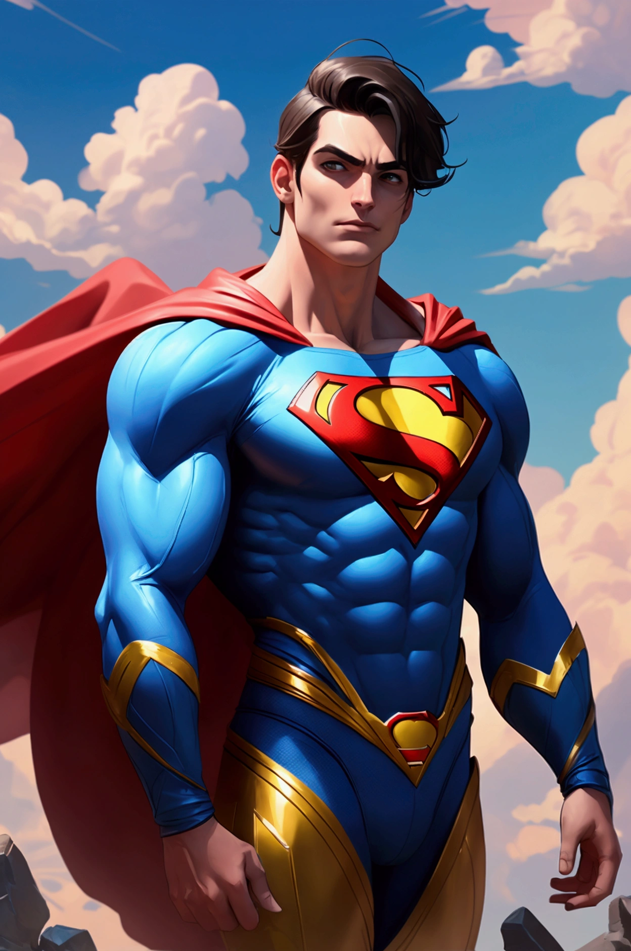 The full body Superman, with tight clothes, flying quickly through the blue sky above the clouds, in a clear and bold setting, with a landscape with blue sky and clouds