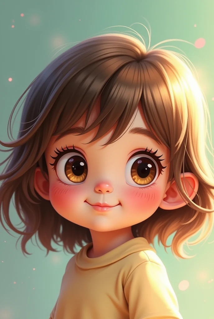 of brown straight hair, Bangs, big brown eyes, pale skin, slim, pale skin, kid, child, cute, cartoon