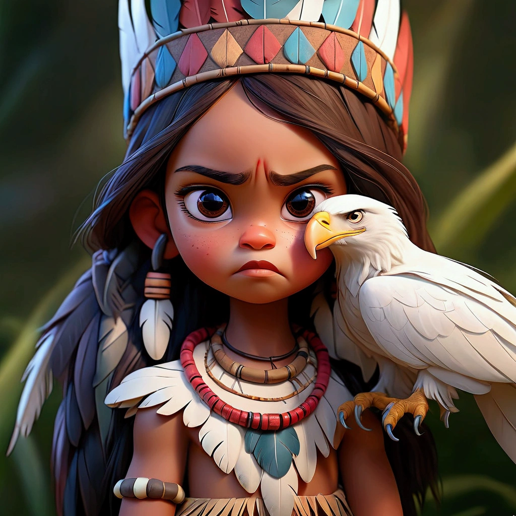 indigenous girl child, 1 , high resolution, cloused mouth,, feather crown, Depth of field, film grain, cinematic lighting, fullcolor, art for açaí cup , super fullcolor, error-free drawing, beautiful face, do something surprising , long hair, eagle on the shoulder