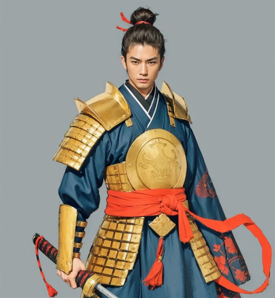 Need to create art for MMORPG, centered on a Japanese setting. digital painting, adult man, Samurai. Asian, samurai armor, golden armor, japanese samurai clothing, 