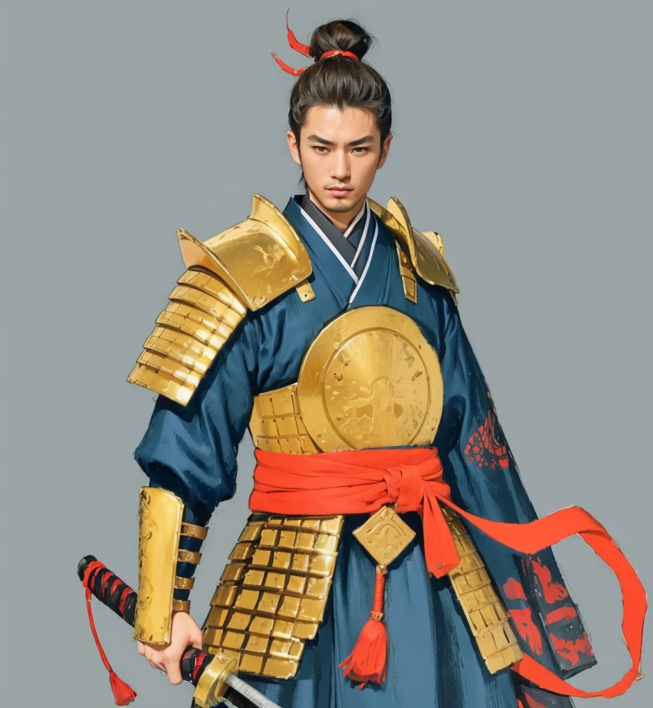 Need to create art for MMORPG, centered on a Japanese setting. digital painting, adult man, Samurai. Asian, samurai armor, golden armor, japanese samurai clothing, 