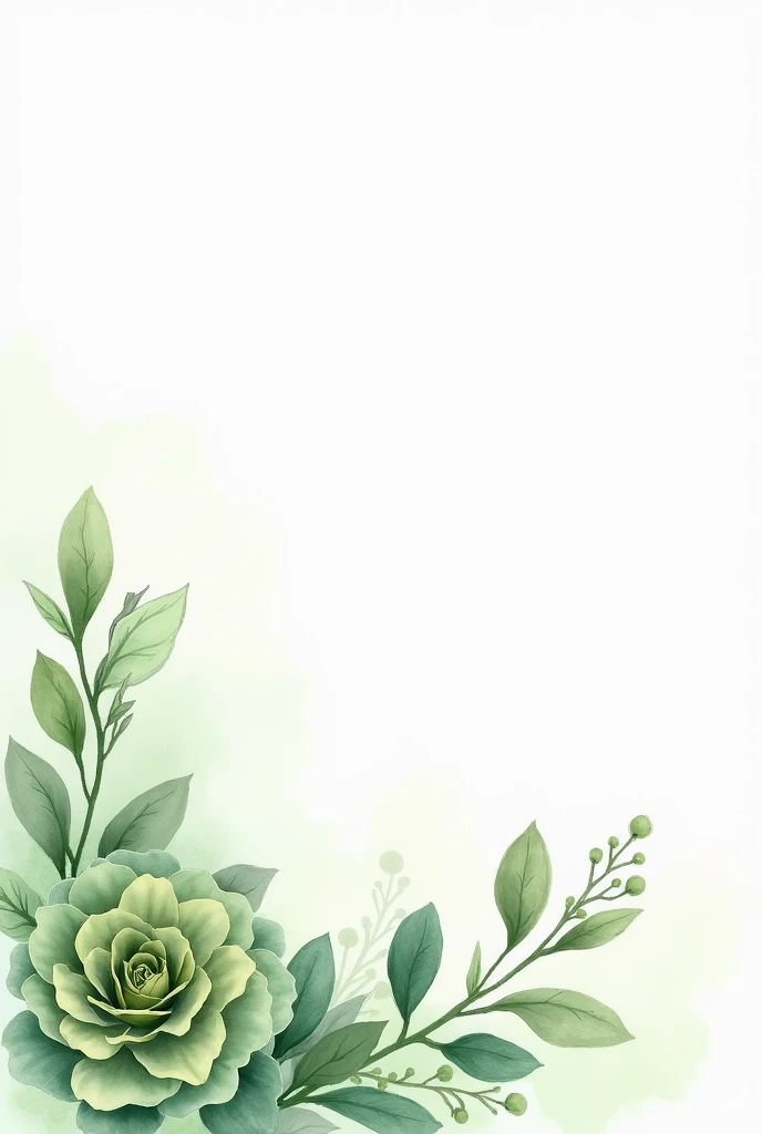 Can you make me a picture of some flowers using watercolor techniques that have colors in shades of green and sage green and a 20% in lilac tones to be used at the bottom of the page with a width of 3cm