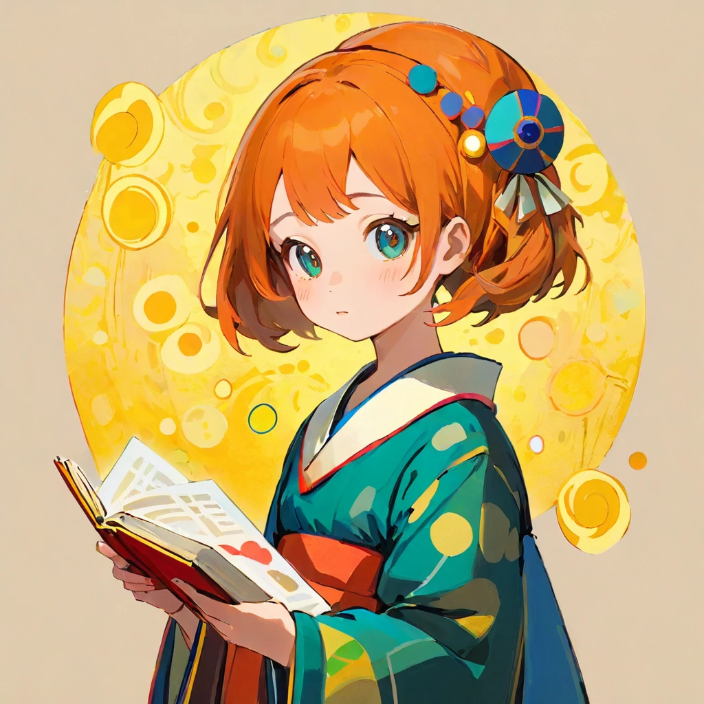 A girl dressed as someone from the Yayoi period, Amy Earls, abstract expressionism, Looks boring, gesture, Whimsical、Deformation、Reading fortunes