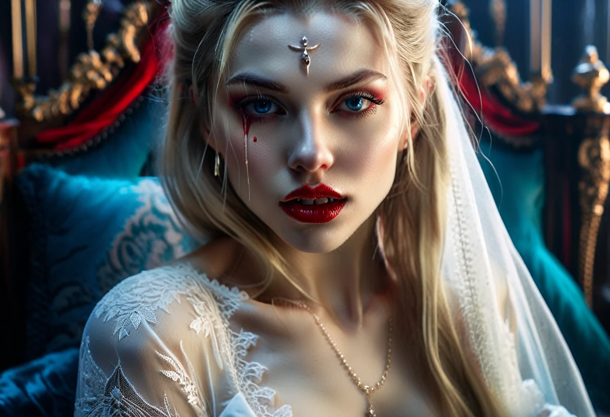 (masterpiece, 8K, Ultra HD, Raw), A sexy blonde girl kissing a vampire in bed, (((A beautiful young woman riding a huge, scary vampire))), (She rides a female vampire,Full of femininity), Her beautiful body is covered in a sheer white lace gown with Art Nouveau embroidery., Sexy big , Her pure and delicate face is different from the terrible face of the fallen female vampire.、The menacing fangs provide a stark contrast,Blood drips from the fangs, Illustration full of vitality, Carefully crafted, Realistic ultra-detailed portraits, Queen Core, Depicting real life, This scene takes place in a luxurious Art Nouveau boudoir,Interior with studio lighting, Red and teal silk satin
