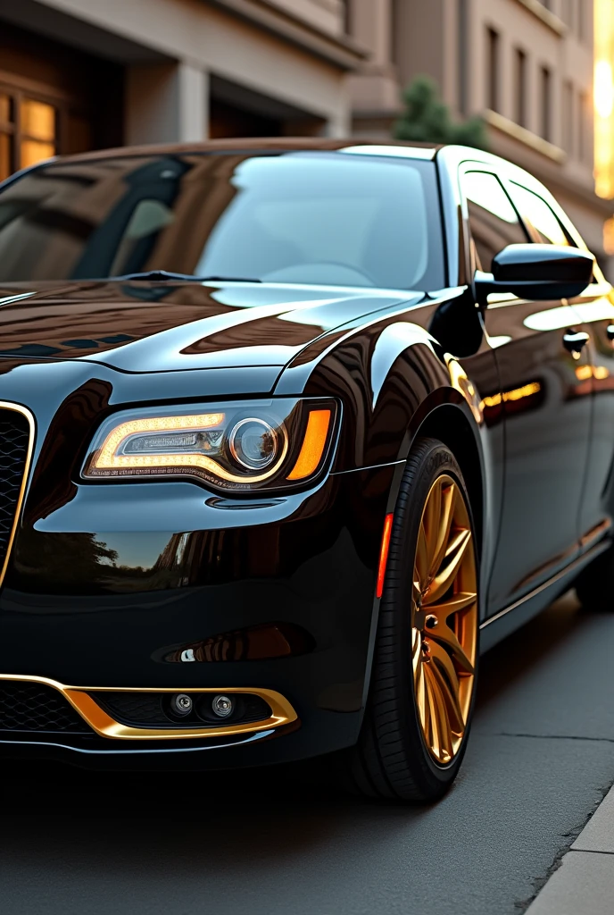 Could you generate me a Chrysler 300C in black?. I want it to have gold rims with circular patterns similar to those that some Lamborghini Gallardos had..