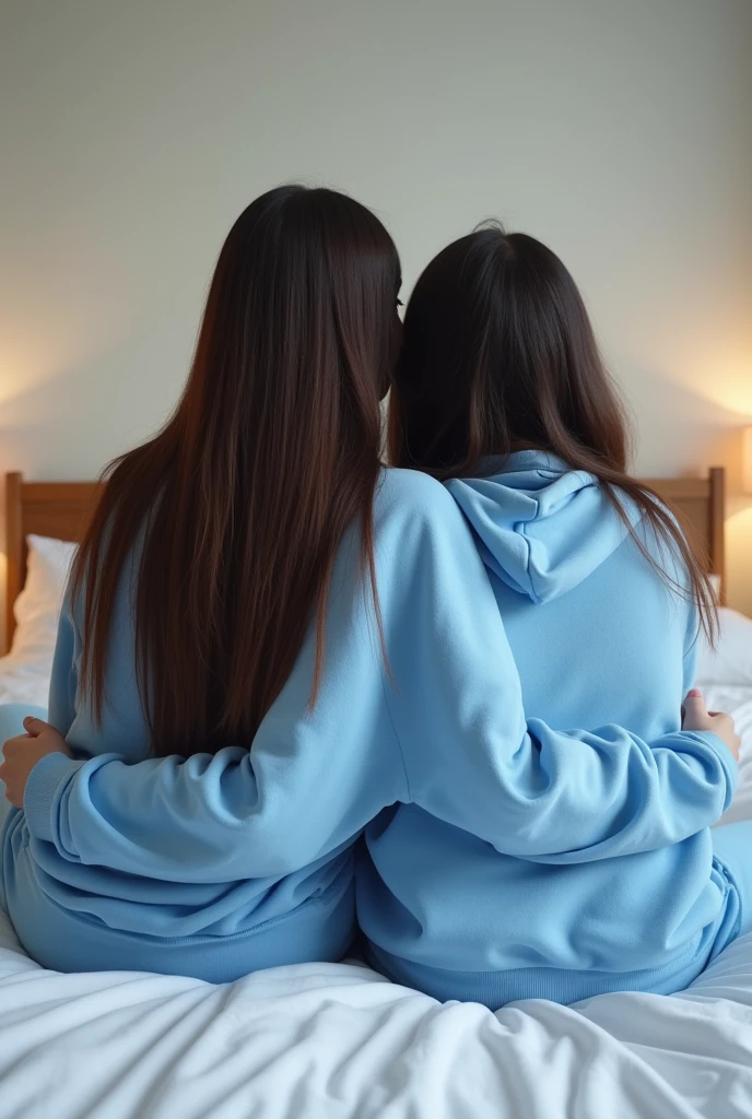 A 25-year-old, 70-kilo Brazilian woman with long, straight dark hair and a blue sweatshirt, sweatpants sitting on a white bed with her friend next to her, full body background room