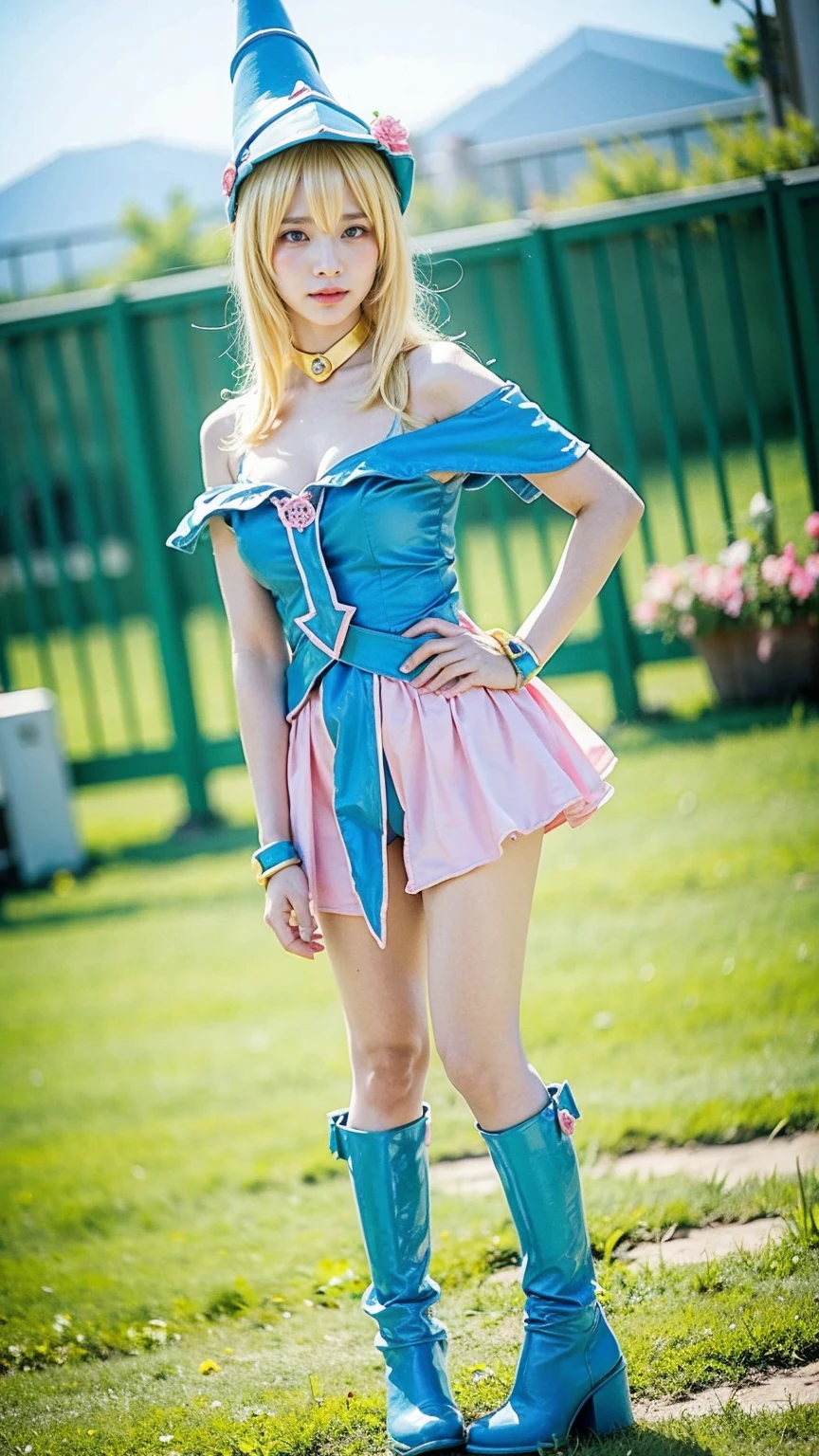 (8k、RAW Photos、Highest quality、masterpiece:1.2)、(Realistic、Realistic)、1 girl、((Blonde、Breast enlargement、garden、Pink and light blue、Thin legs、whole body、boots、View from the front、Looking into the camera、Stand with hands on hips))、cute