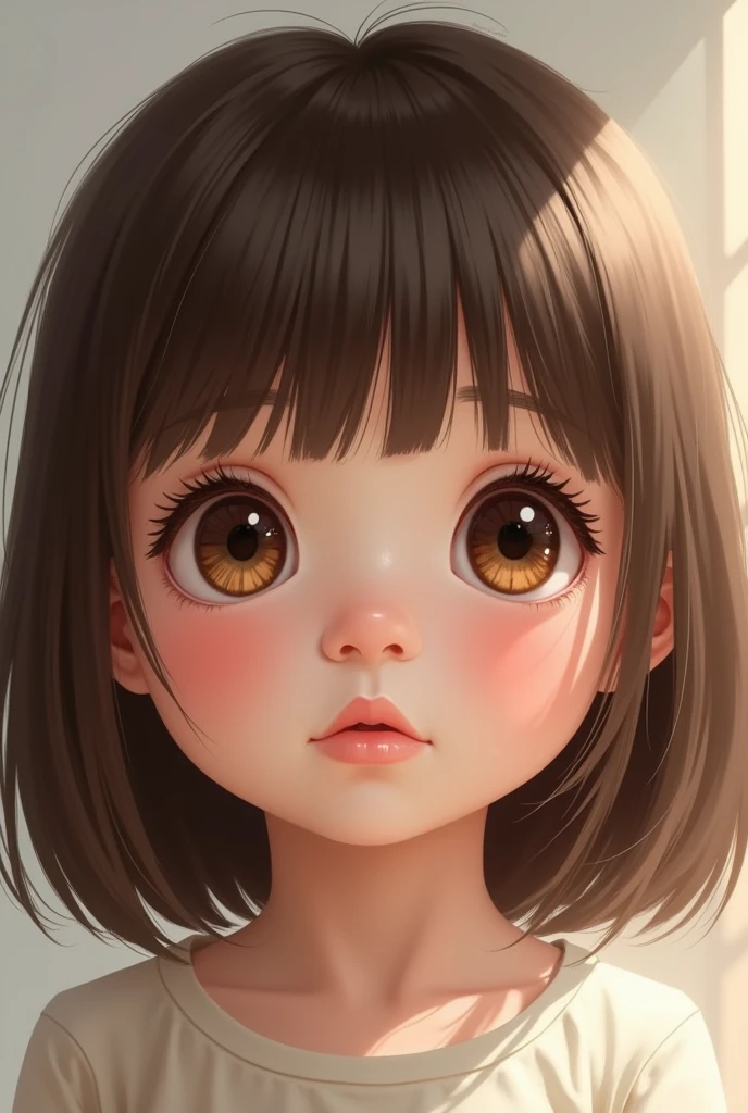 of brown straight hair, Bangs, big brown eyes, pale skin, slim, pale skin, ???, child, cute, realistic