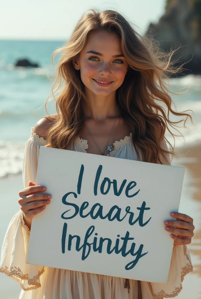 Beautiful girl with wavy long hair, bohemian dress, holding a white board with text "I Love Seaart Infinity" and showing it to the viewer