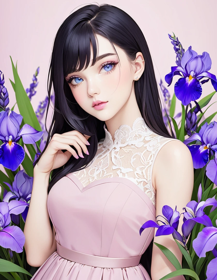 Beautiful 23 year old woman with long black hair, side-swept bangs, blue eyes, light pink lips, fair skin. Elegant but modest light pink dress. Purple iris flower background