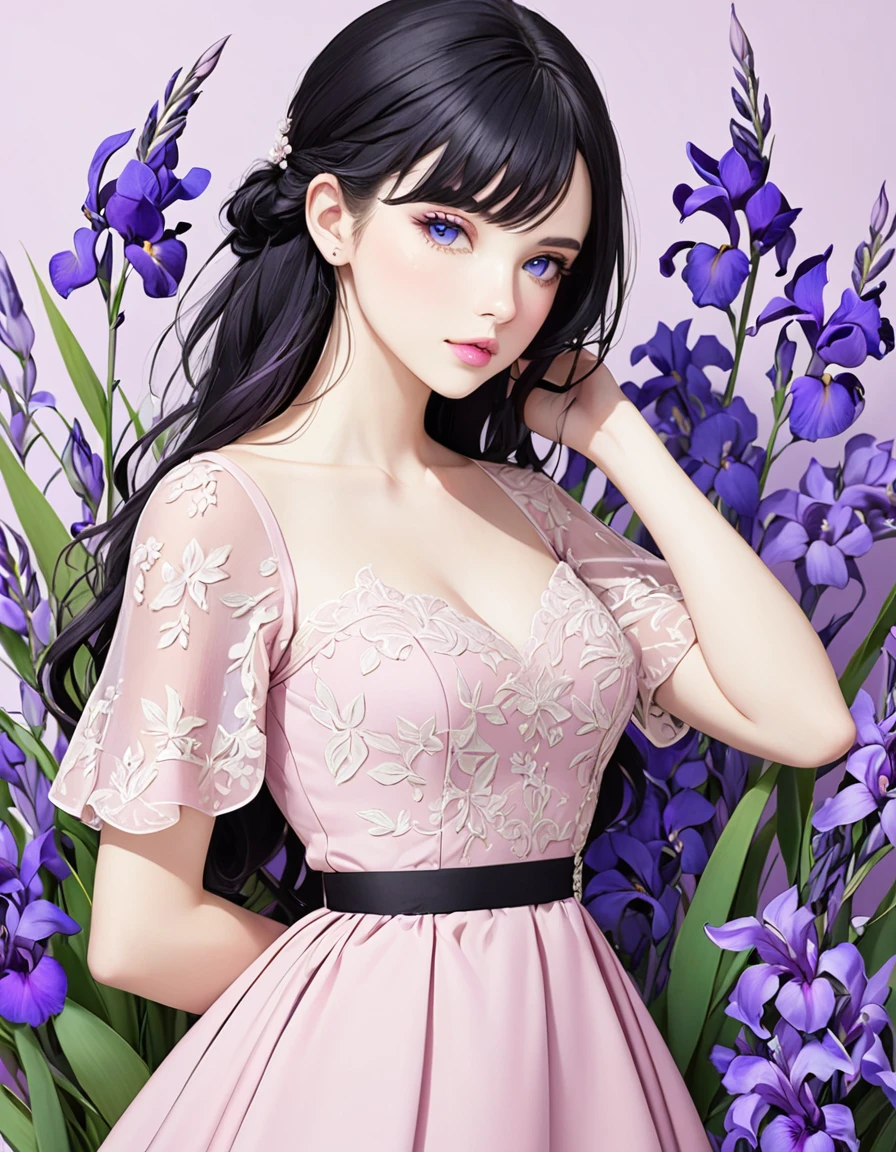 Beautiful 23 year old woman with long black hair, side-swept bangs, blue eyes, light pink lips, fair skin. Elegant but modest light pink dress. Purple iris flower background