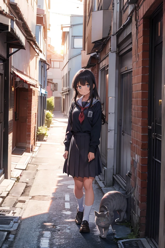 girl wearing school uniform with a grey cat next to her, alleyway, sunset