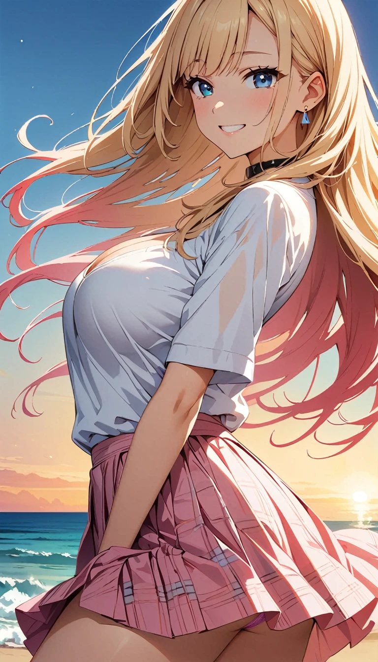 (Highest quality:1.2, Anime artwork, Very detailed, Attention to detail, digital coloring, High Contrast, masterpiece:1.2, Highest quality, Best aesthetics), (((kitagawa marin, 1 girl))), blonde, Straight Long Hair, Pink gradient hair, Red eyes, Earrings, White shirt, Black choker, Check skirt,, smile, Are standing, Cowboy Shot, Sunset on the beach、Detailed Background,Big Breasts:1.1、Cleavage、See through 、Lightweight shirt、Pink underwear、Underwear is visible、Dynamic pose