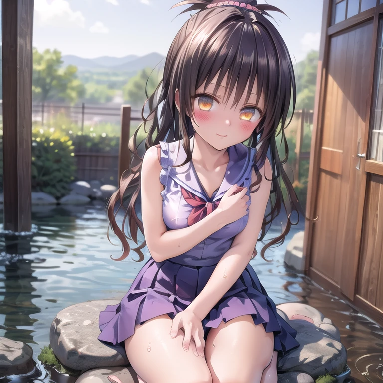 realistically, glowing eyes, ponytail, white short skirt, extra short skirt, Blush, daytime, Wet from the rain, see through, sleeveless shirt, pussy, shy, sit with knees raised, hugging knees, mikan yuki, the skirt is flipped up, smile, ************s, highest quality, High resolution, highly detailed face, perfect lighting, Very detailed CG, perfect hands, perfect figure, perfect anatomy, seduce expression, semen drip from pussy, bottomless, tying hair, armpit, athletic figure, full body view, onsen background,